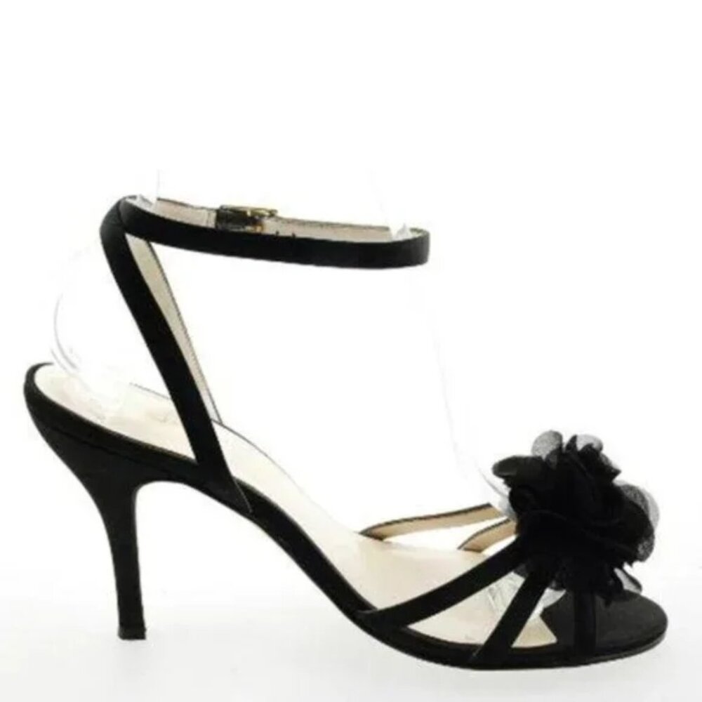 𝐂𝐀𝐏𝐀𝐑𝐑𝐎𝐒 Suzanne Flower Ankle Strap Satin Stiletto Sandals M ⚫